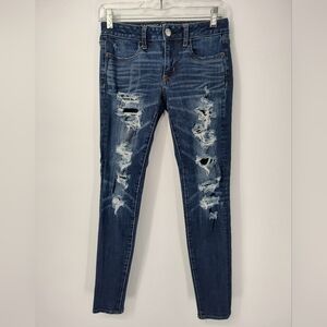 American Eagle Outfitters Distressed Dark Blue Skinny Jeans Size Womans 2